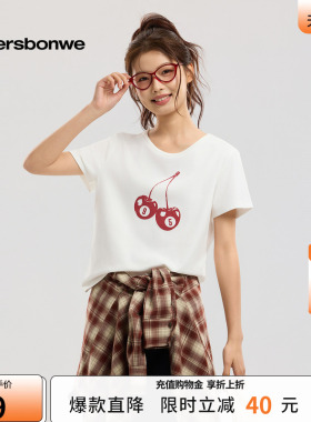 美特斯邦威t恤女2026夏季新款潮流印花圆领休闲白色针织短袖