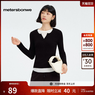 [商场同款]美特斯邦威女秋新款撞色圆领拼接假两件宽松显瘦毛衫