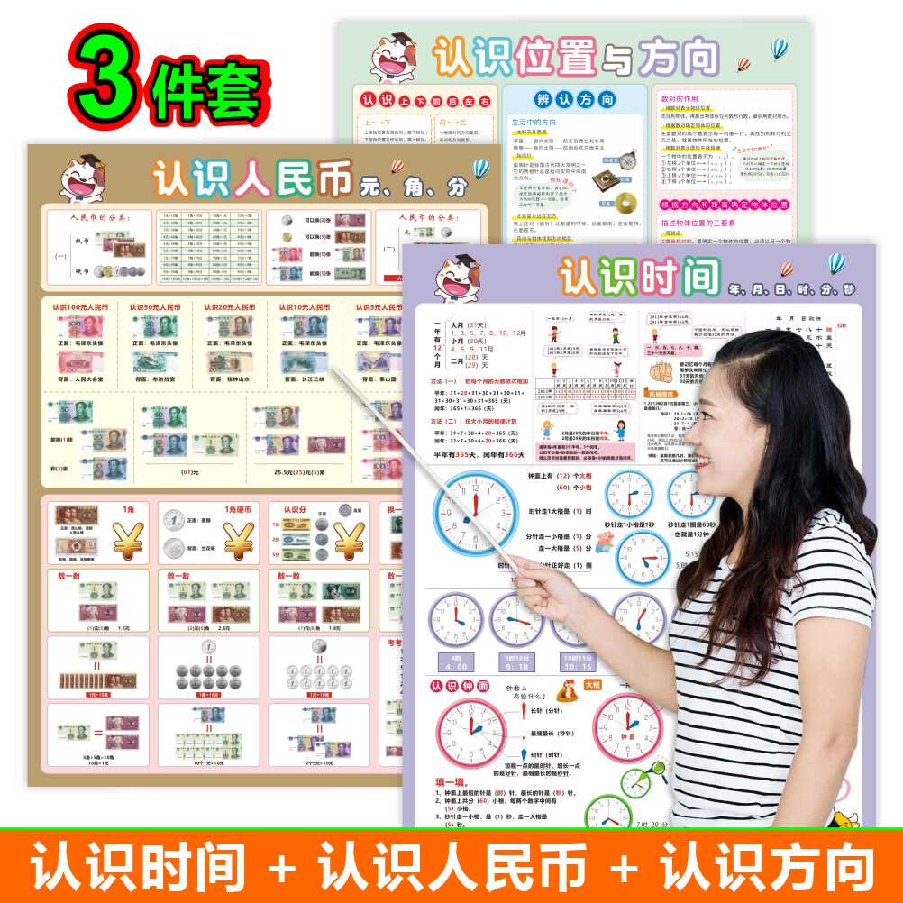 认识时间和钟表挂图位置方向幼儿园大班早教启蒙学习墙贴一二年级
