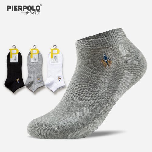 PierPolo春夏运动男士短袜精梳棉吸汗网眼透气船袜黑白纯色袜子