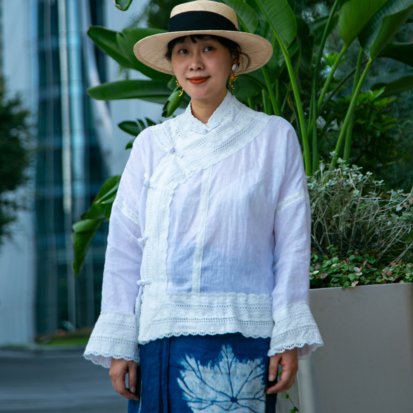 掌染草草木染蕾丝拼接新中式斜襟亚麻衬衫2025秋原创小众宽松文艺