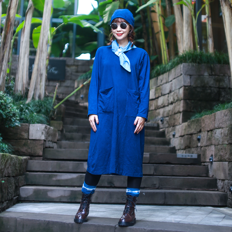 indigo植物染原创简约长袖连衣裙