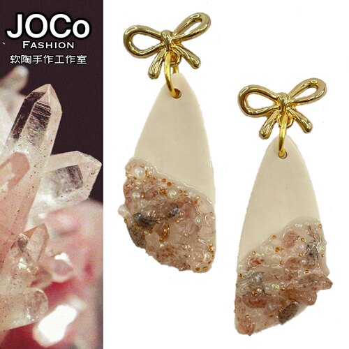 JOCo Fashion原创小众奶冻草莓晶手工软陶耳环粉晶招桃花18K镀金