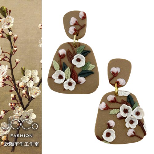 JOCo Fashion｜新中式瑶枝白桃花纯手工软陶耳环925银耳针耳饰女