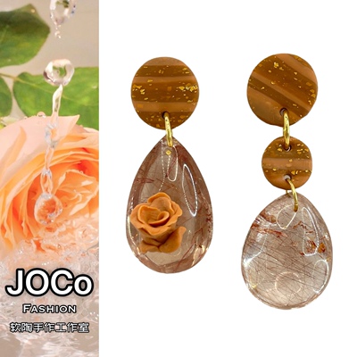 JOCo Fashion新品原创水中花发晶手工软陶耳饰耳环可换进口耳夹