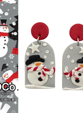 JOCo Fashion｜ins手作耳饰戴围巾的雪人软陶耳环18K镀金耳针