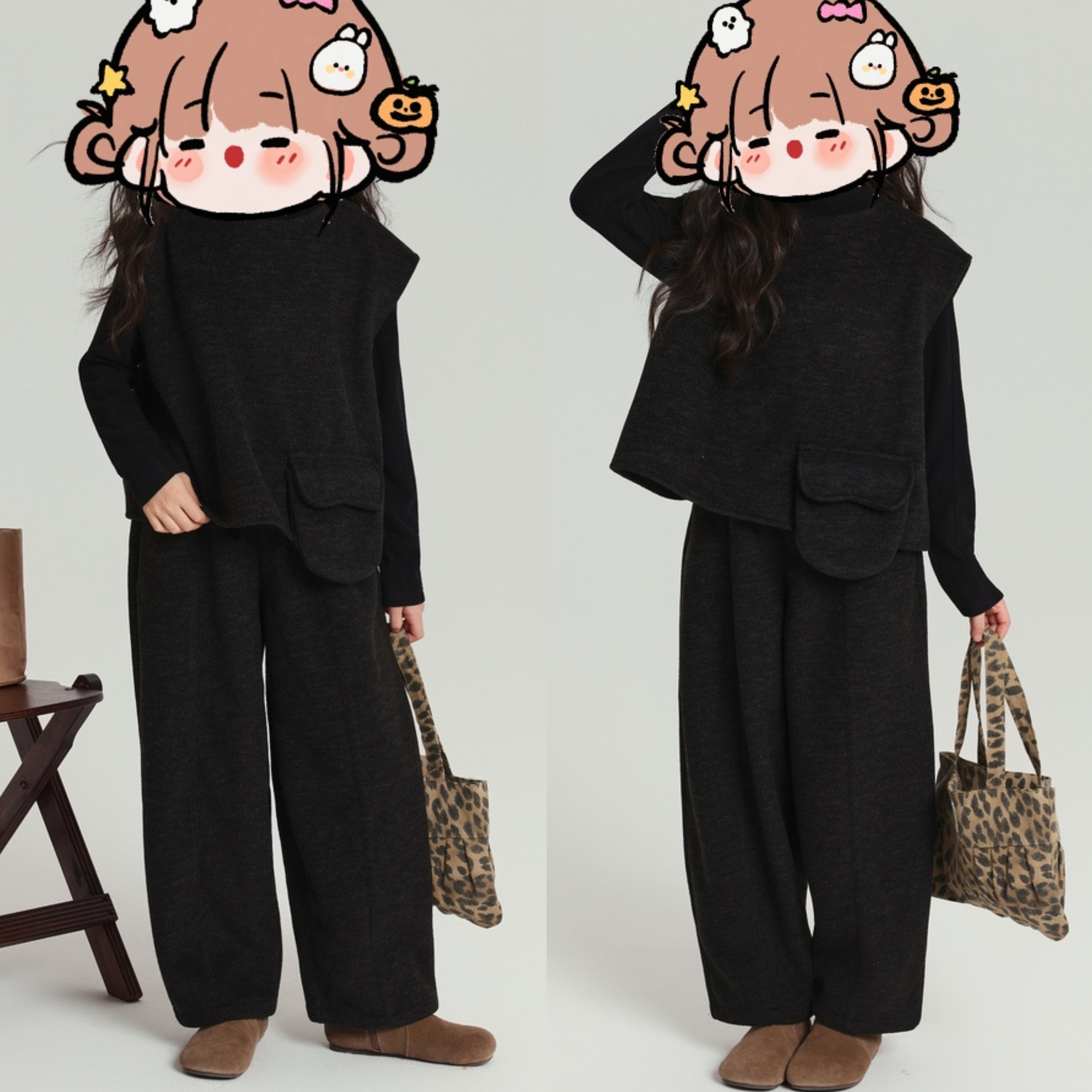 洋气甜酷风！女童26春秋舒适套装黑色马甲背心弯刀阔腿长裤两件套