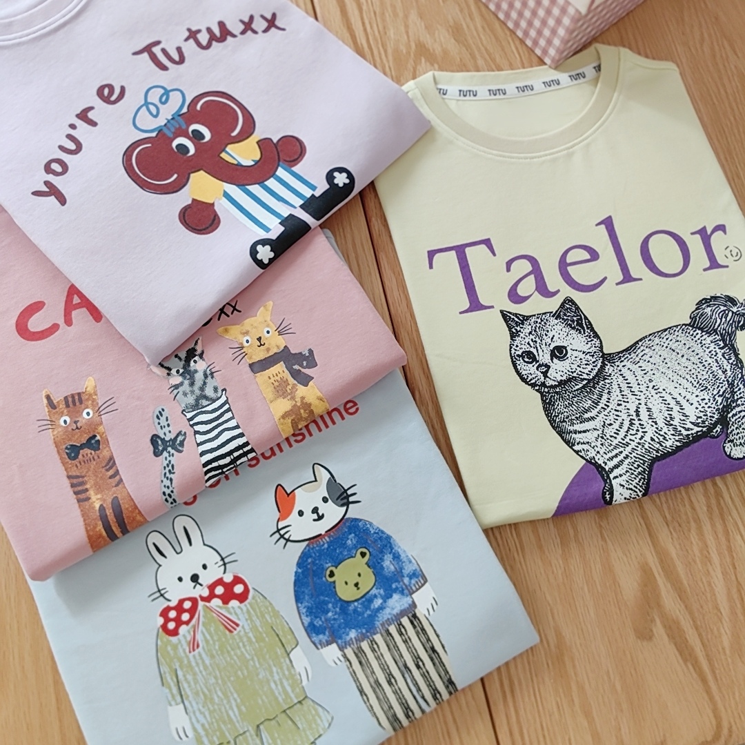 夏日马卡龙 110-170码女童夏季短袖T恤 薄款柔软上衣卡通字母印花