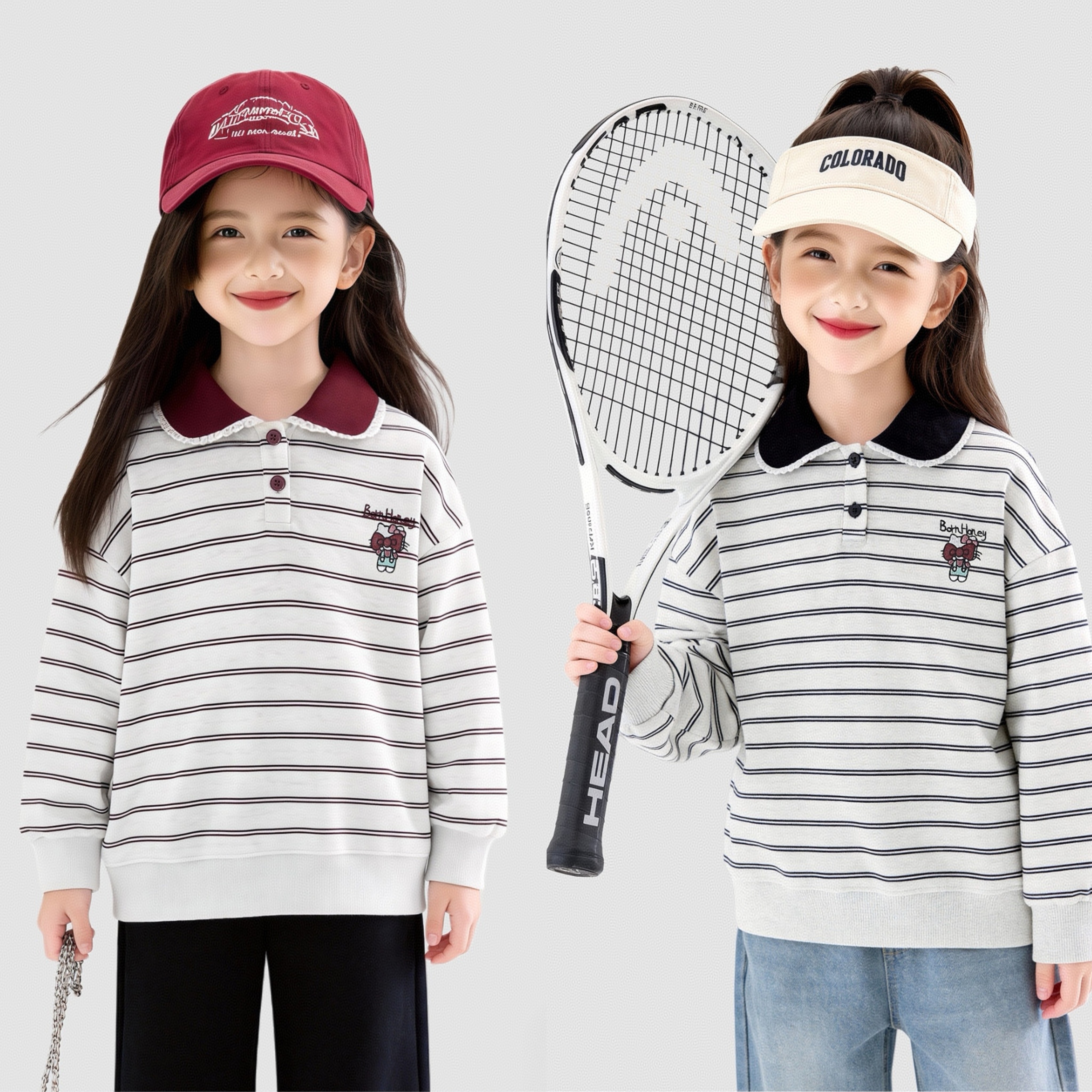 110-170码简约风条纹蕾丝花边翻领卫衣 女童春秋长袖宽松猫咪上衣