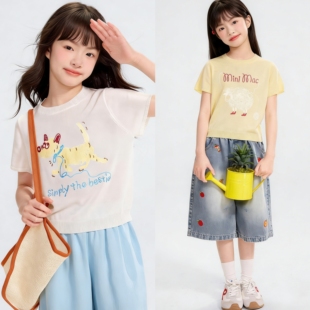 舒适莱赛尔天丝T恤 110-170女童夏季短款针织上衣 阳光清新短袖衫