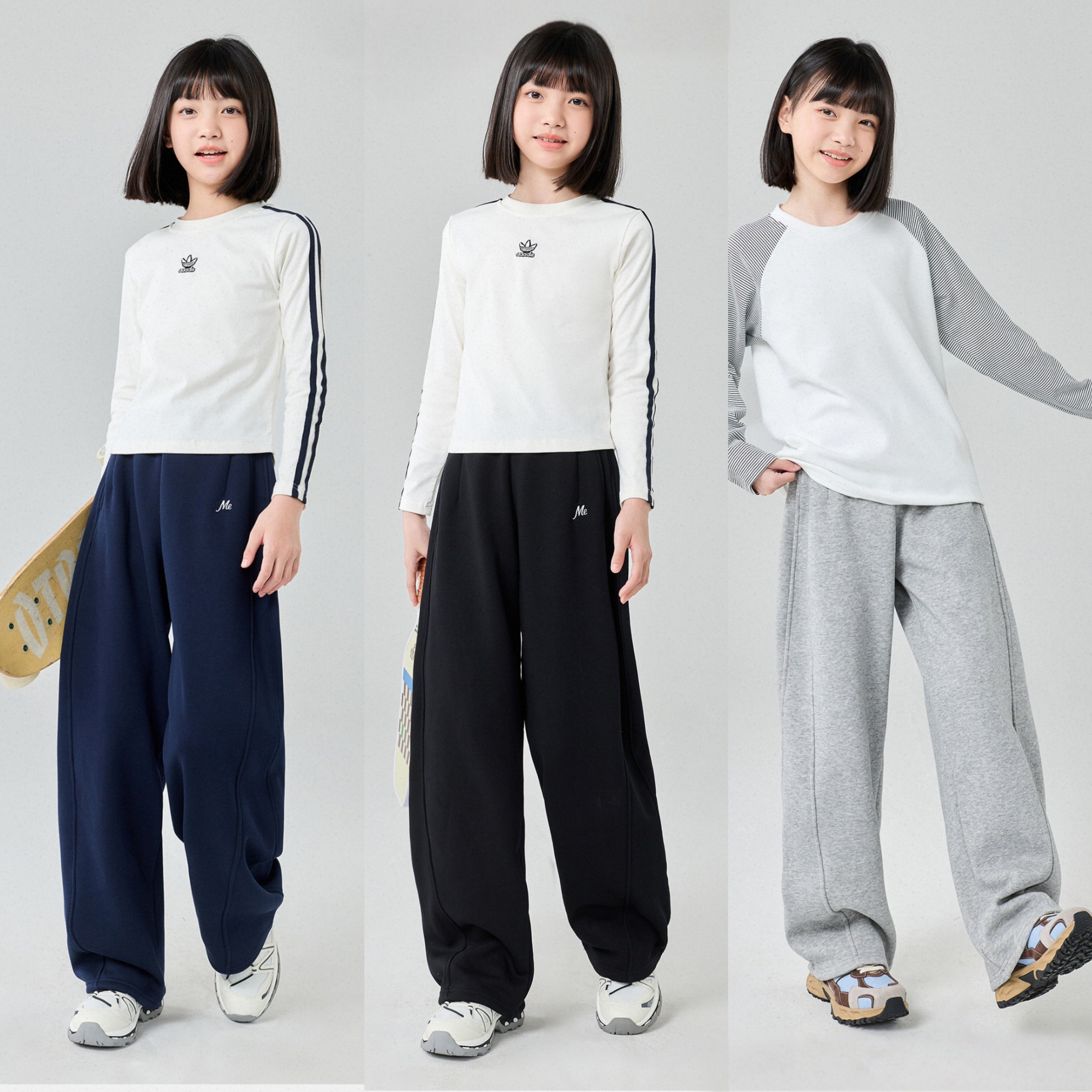 版型很赞 130-170女童秋季拼色裤腰阔腿裤 华棉宽松运动风弯刀裤