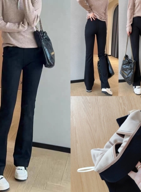 封神超模裤！JU显瘦加绒加厚锦纶弹力黑色女士微喇裤 保暖弹力裤