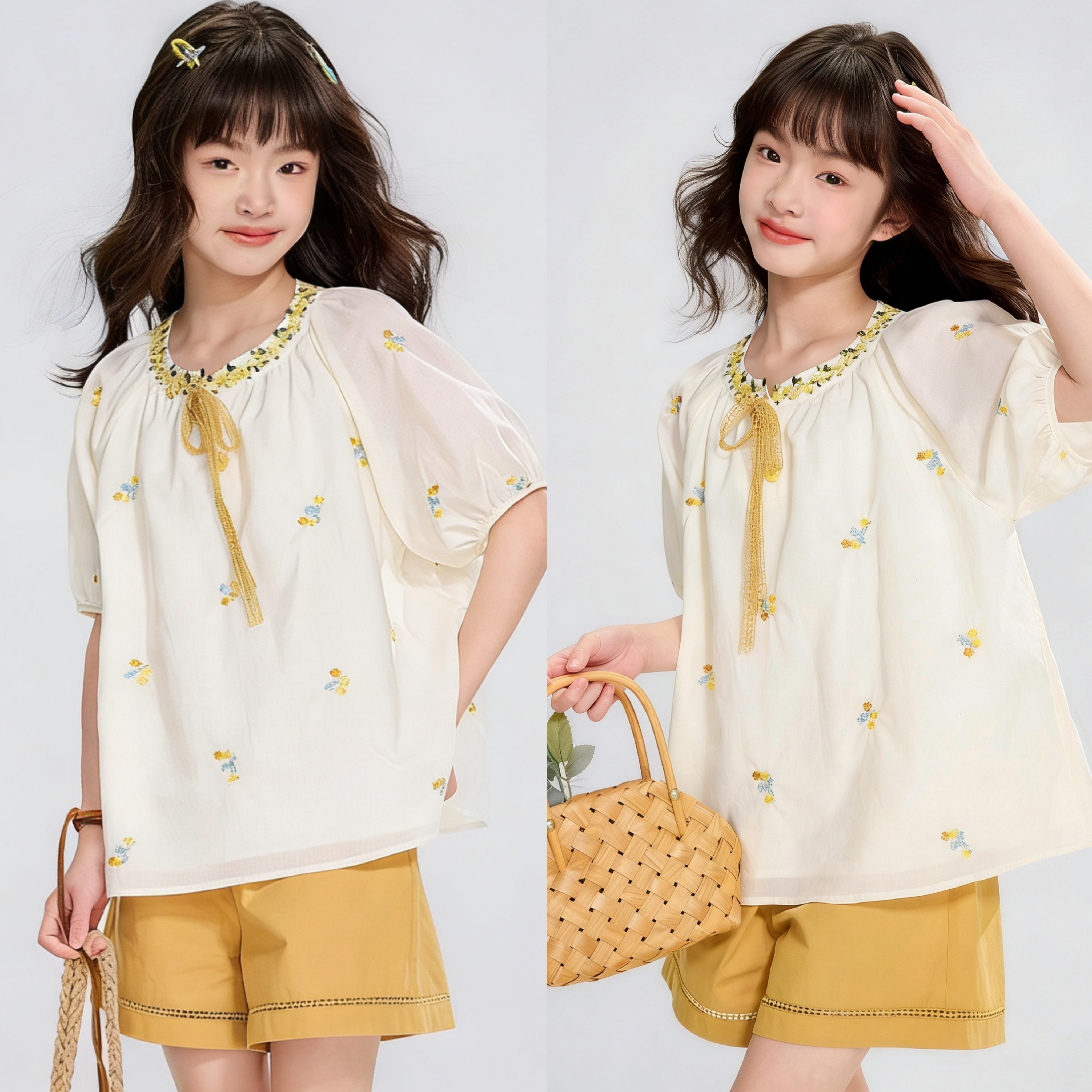 法式清新！女童甜美泡泡短袖刺绣花朵衬衫 花朵领宽松田园风上衣