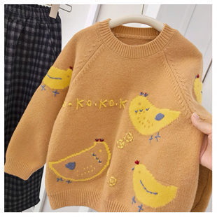 超萌小鸡仔 可爱到飞起！女童冬季加厚针织衫卡通提花圆领厚毛衣