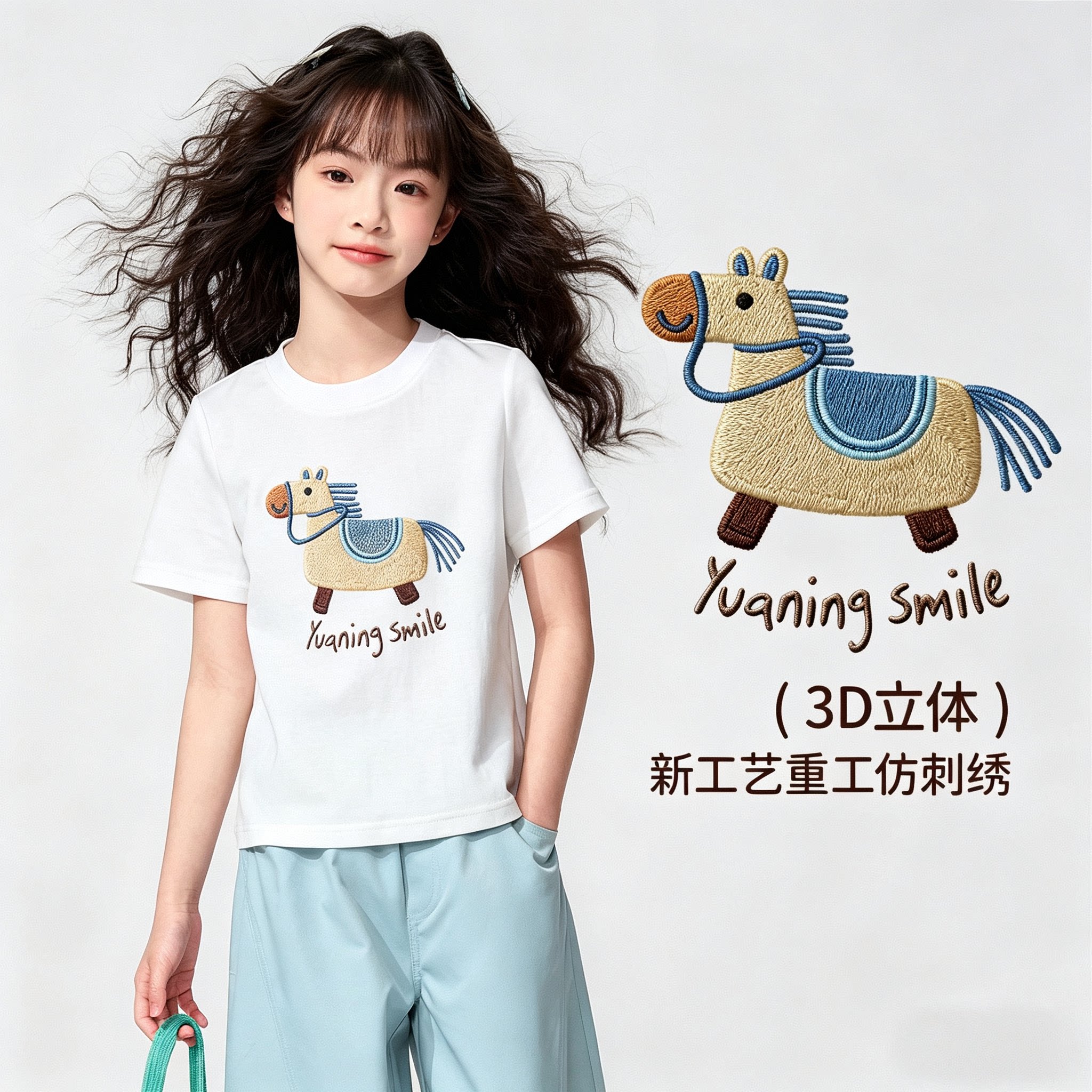 衣橱百搭单品夏季白色短袖T恤 女童圆领精致3D立体仿刺绣小马上衣
