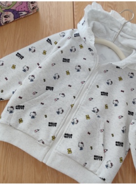 女童卡通猫咪卫衣 蕾丝连帽外套 春季洋气时尚拉链开衫女童上衣