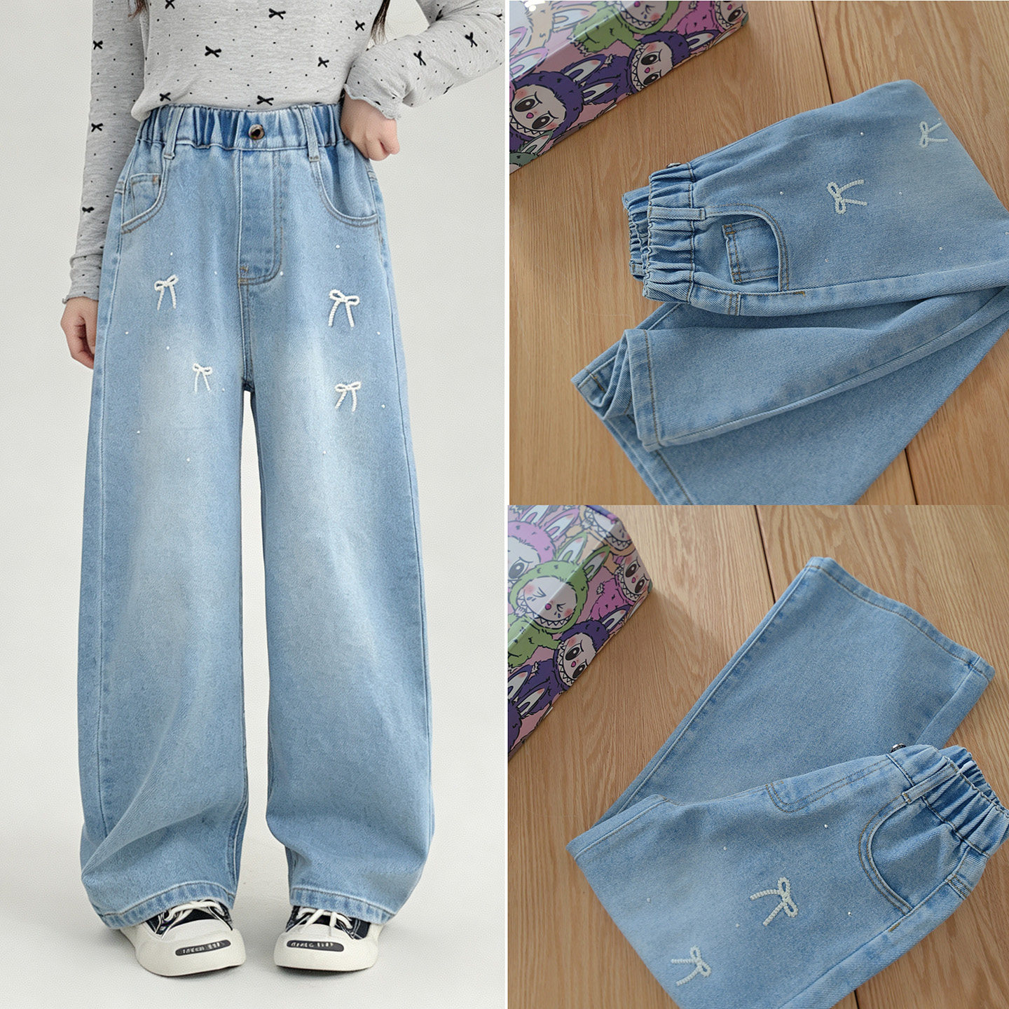 薄软垂顺 春夏女童蝴蝶结刺绣牛仔裤 软牛仔长裤阔腿直筒休闲长裤