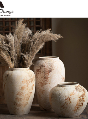 新中式侘寂风装饰品摆件斑驳老旧粗陶罐玄关电视柜插花陶瓷大花瓶