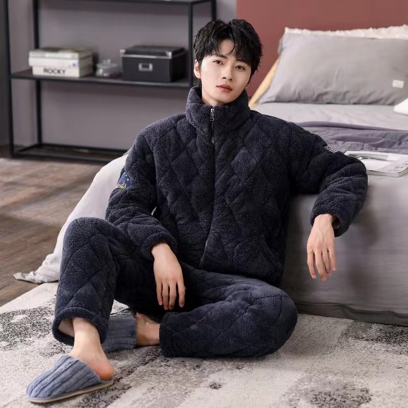 冬季男生睡衣纯色简约超厚珊瑚绒保暖套装加大青年老人长袖长裤