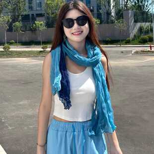 旅游防晒围巾男复古百搭撞色渐变长款披肩文艺褶皱轻薄款围脖女士