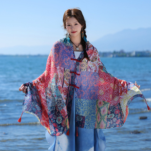 去丽江青海旅游民族风披肩女开车防晒外搭开衫盘扣百搭薄款大围巾