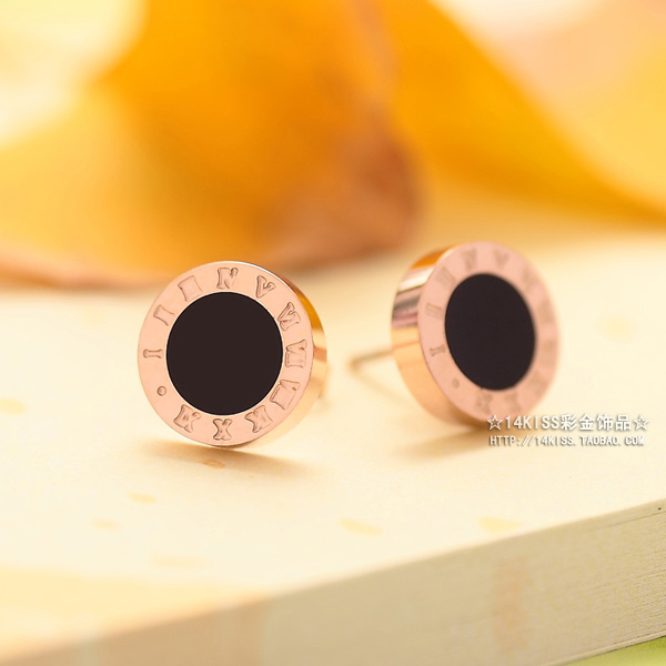 镀18k钛钢黑色玫瑰金情侣耳环