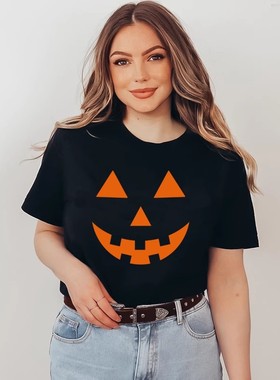 Pumpkin Halloween T Shirt纯棉橙色南瓜笑脸上衣万圣节服装女潮