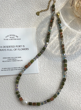 天然石淡水珍珠女款四方珠锁骨链