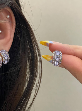 韩系时尚紫色闪钻小C耳环925银针小众设计感高级耳钉耳环简约耳饰