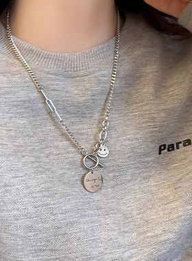 韩版ins潮笑脸圆脸OT扣女小众设计感百搭个性网红嘻哈锁骨链颈链