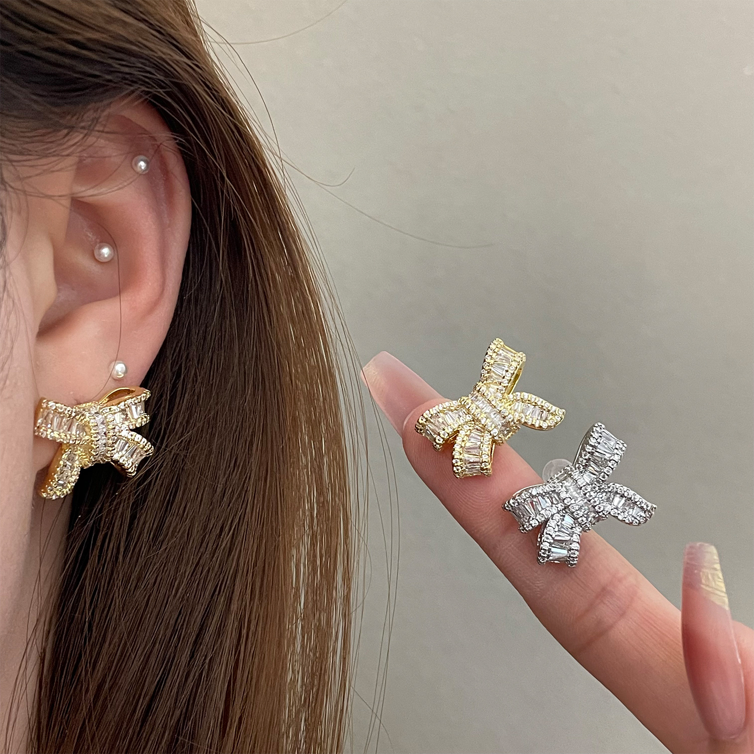 高奢重工艺锆石蝴蝶结耳环女S925银针精致名媛风微镶满钻耳钉耳饰