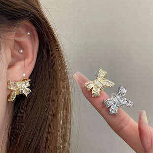 高奢重工艺锆石蝴蝶结耳环女S925银针精致名媛风微镶满钻耳钉耳饰