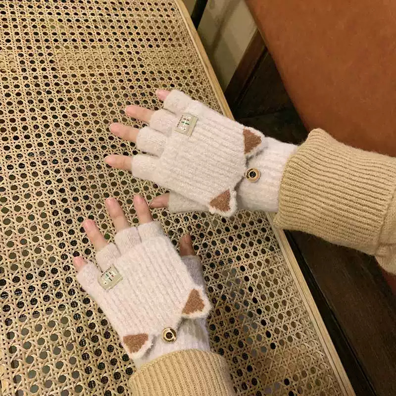 露指翻盖手套女冬季保暖学生可爱针织毛线半指可触屏冬天保暖手套