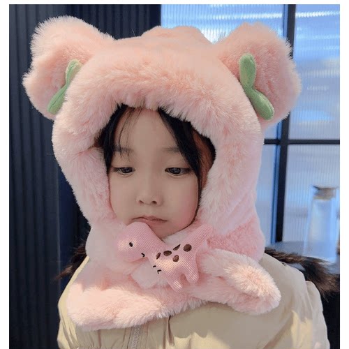 宝宝冬季帽子围巾一体加绒保暖儿童防风护耳帽