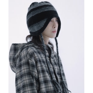 hugyourskin条纹撞色针织帽秋冬新款护耳针织毛线帽冷帽