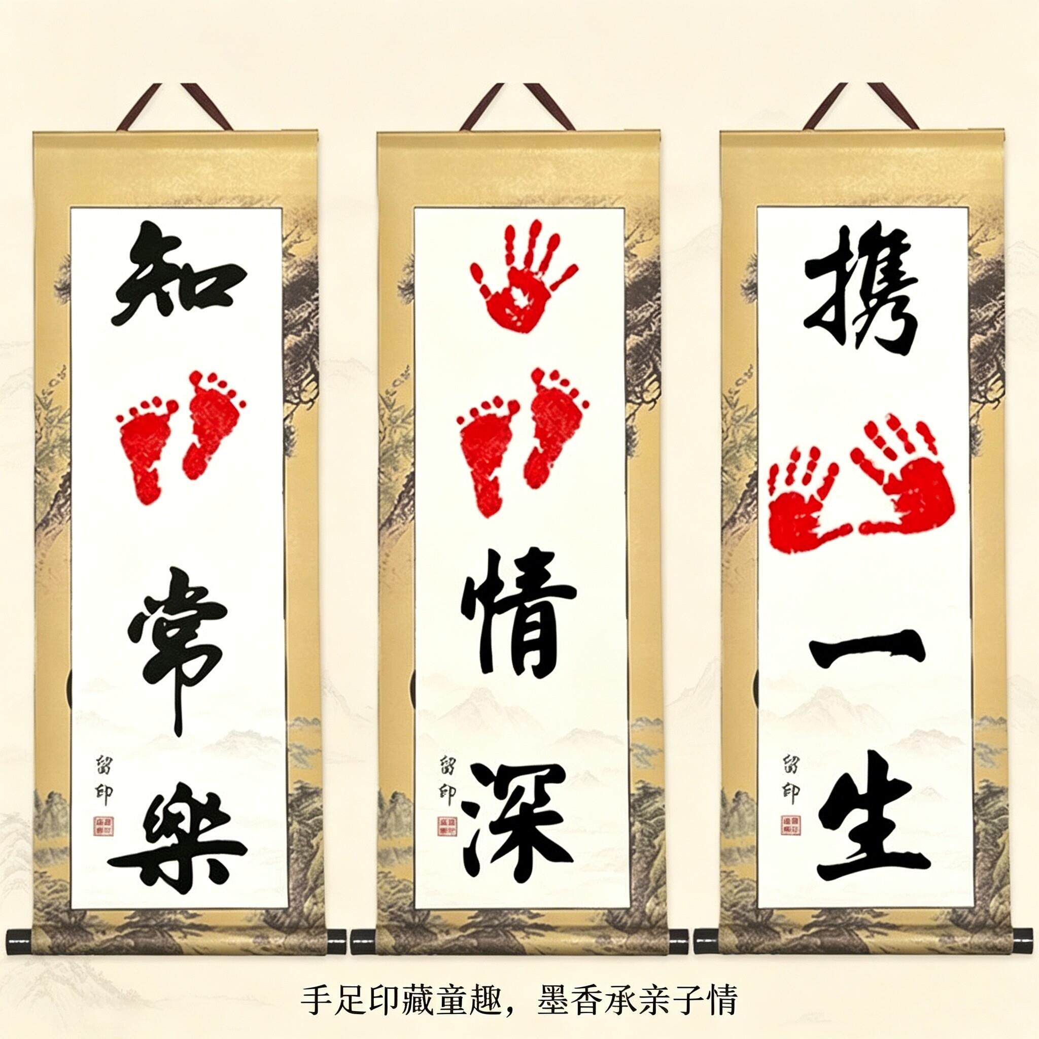 知足常乐脚印手足情深字画宝宝满月周岁生日纪念礼物礼品手足印画