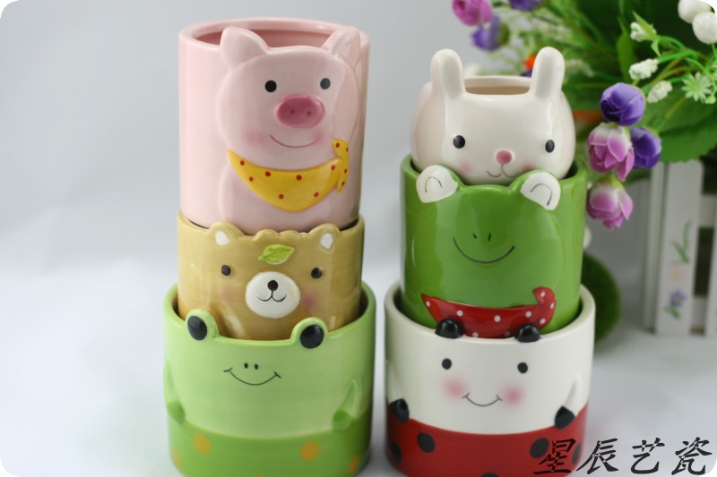 【多省满百包邮】 陶瓷花盆可爱卡通小猪小狗青蛙瓢虫多肉批发