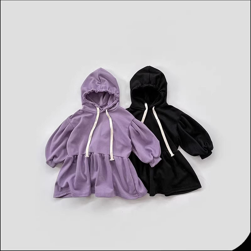 抽绳连帽卫衣裙!韩版童装25秋款女童中大童纯色清新连衣裙