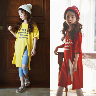 字母高开叉中袖连衣裙女童春夏新款版型无敌中长款T恤裙