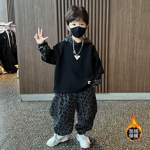 男童秋冬装 运动两件套中小童潮流酷炸街 加绒豹纹连帽卫衣2025新款