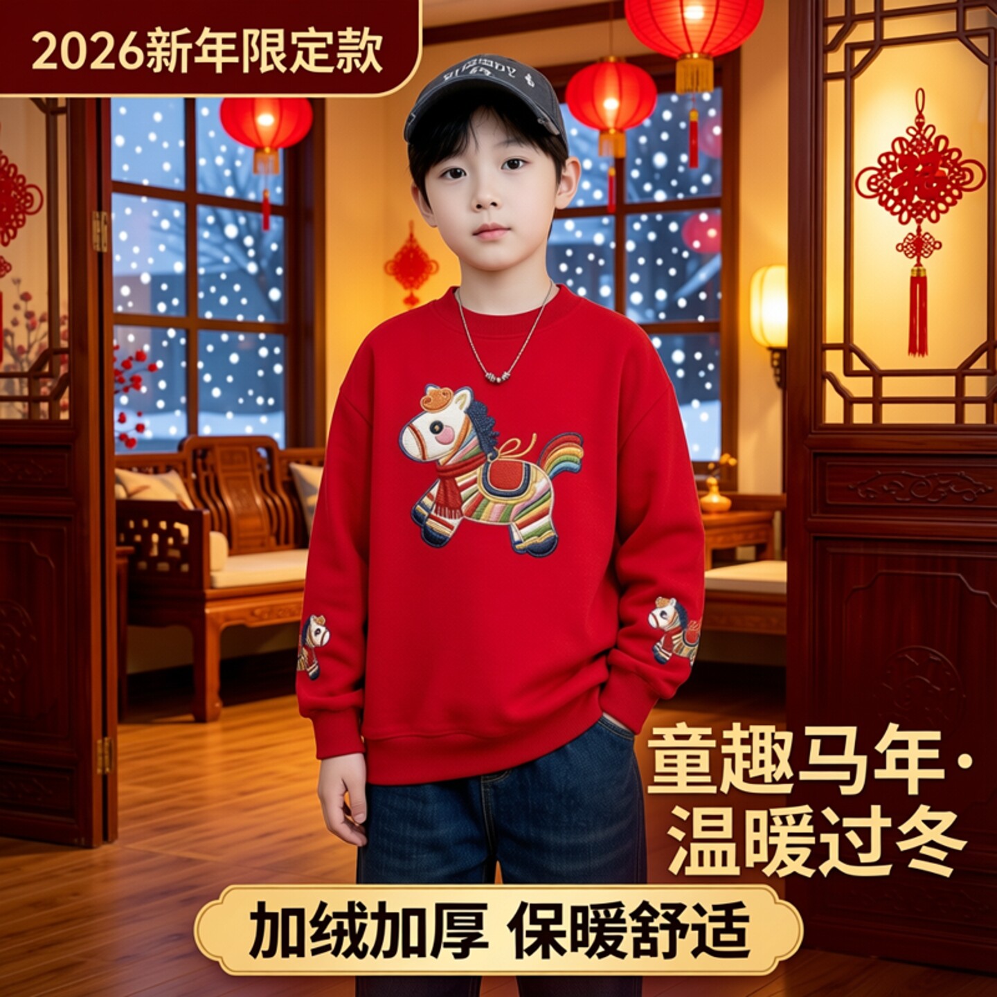 男童年服红色加绒卫衣2026新款中大童新年衣服无帽衫冬装保暖上衣