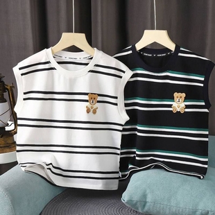 无袖 男宝夏季 T恤透气棉质潮童上衣 儿童条纹运动背心时尚 2025新款