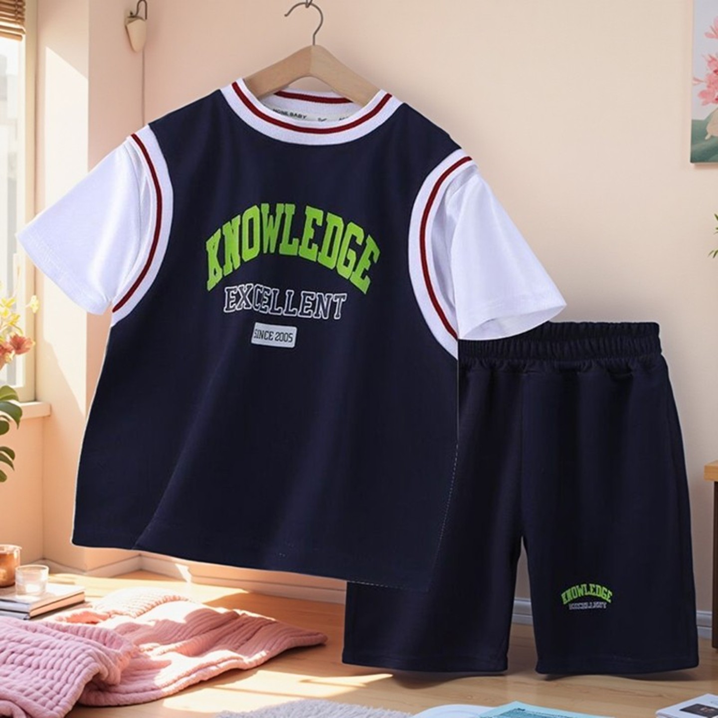 新款儿童球服套装速干透气夏季字母短袖t恤五分裤户外男童运动服