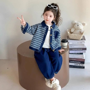 女童牛仔套装秋季新款女宝宝翻领千鸟格外套春秋装女孩洋气两件套
