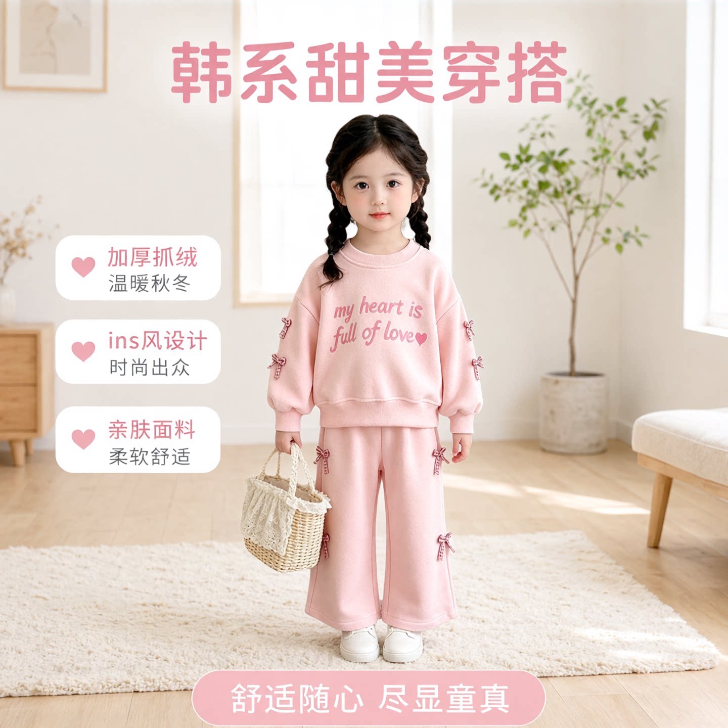 儿童字母韩版春秋新款套装 ins时尚简约字母男女童抓绒卫衣两件套