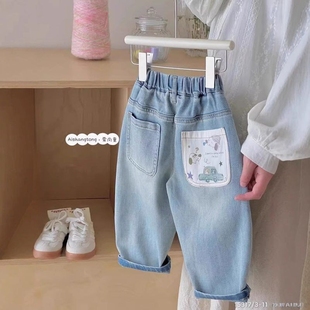休闲牛仔裤 儿童长裤 涂鸦口袋新品 男女童韩版 潮直筒宽松 2025春新款
