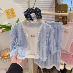针织女宝宝开衫 花边2025上衣 新款 可爱女童甜美三件套套装