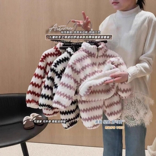 儿童睡衣秋冬新款 男女童条纹宽松米粒绒儿童针织拉链家居服套装