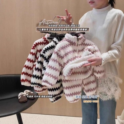 儿童睡衣秋冬新款男女童条纹宽松