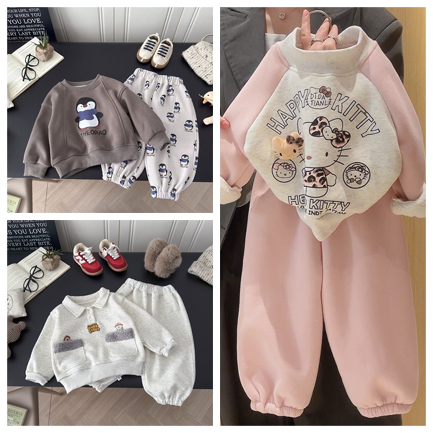 儿童卡通加绒卫衣套装男女宝宝可爱加厚保暖童装冬季新款厚衣服